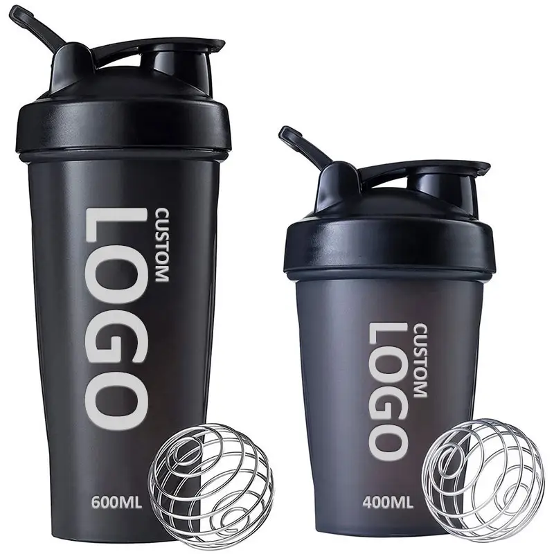 Logo Kustom 400Ml 600Ml Botol Pengocok Protein Gym Botol Pengocok Blender Plastik Olahraga Kebugaran Besar Hitam