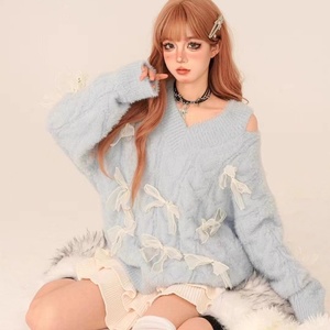 Pulls en tricot pour femmes à col en V, épaules dénudées, manches longues, avec nœud, épais et chauds, couleur unie, style <span class=keywords><strong>chic</strong></span> et doux - Product Image 2