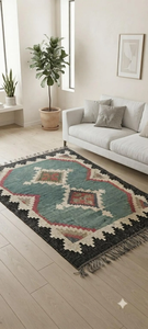 Tapis artisanal en laine et jute turquoise, motif tribal géométrique, pour salon, chambre, style bohème, ferme, rustique, décoration de sol. - Product Image 4