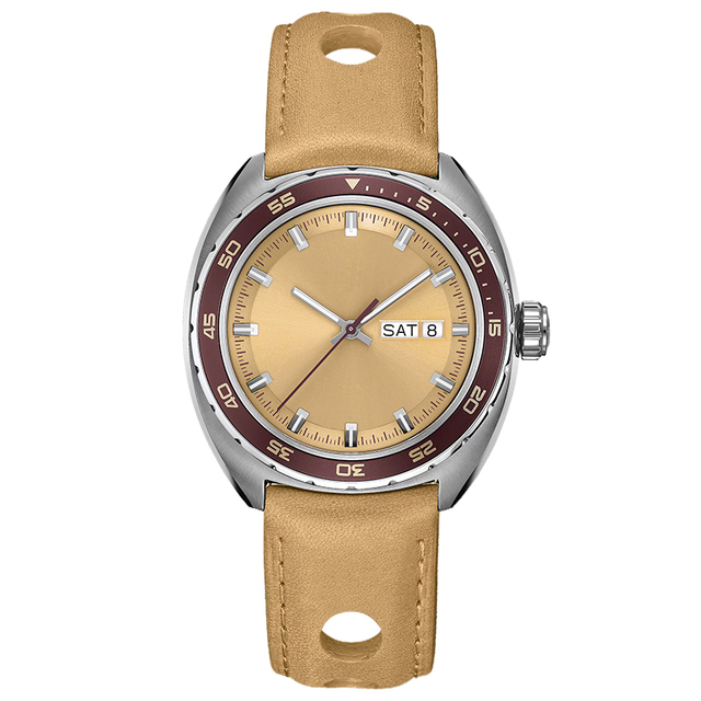 Italian Genuine Leather Soft Strap Automatic Watch Beige Face Branded logo 316L Stainless Steel Case U3011