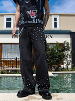 YUCHEN Dernière Conception Strass Jeans Pantalon Streetwear Double Genou Patch Baggy Charpentier Jeans Diamant Denim Jeans Hommes Avec Gemmes