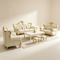 Ensemble de canapés en cuir de style européen de luxe, cadre en bois sculpté doré classique, meubles de salon, canapé pour maison, villa, hôtel