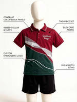 Ensemble polo et short d'uniforme scolaire personnalisé avec logo ODM OEM, en polycoton, color block, fabricant de vêtements scolaires, vente en gros, 2 pièces/ensemble