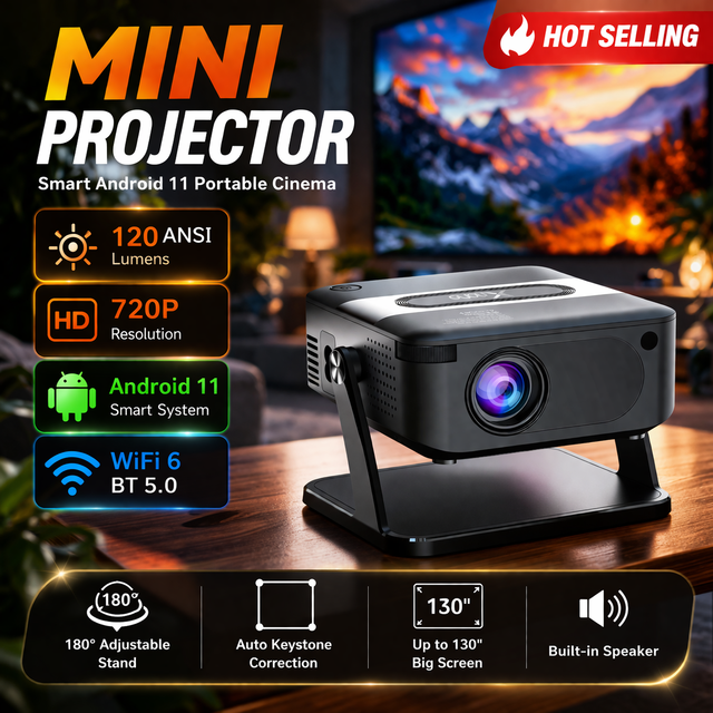 Mini Projector WiFi BT5.0 Android 11 120 ANSI 720P Portable Smart Projector for Home Cinema