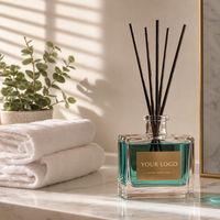 Diffuseur de parfum d'ambiance LF personnalisé, écologique, aux senteurs d'agrumes, flacon carré en verre transparent, liquide vert sarcelle, bâtonnets noirs, étiquette privée dorée