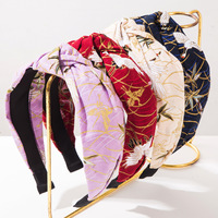 Serre-tête large en tissu noué, imprimé grue rétro color-block, accessoire de cheveux de style chinois