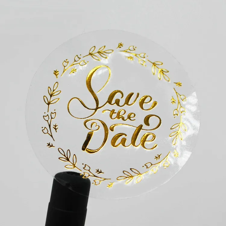 Etiquetas personalizadas para decoración de bodas, sellos de invitaciones, pegatinas de agradecimiento, vinilo de PVC impermeable transparente y dorado