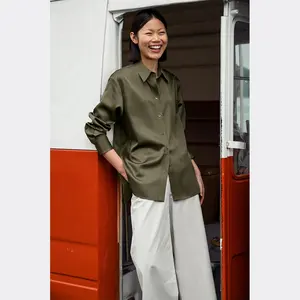 Primavera Mujer Moda Estilo Tops Blusas de moda de alta calidad Camisa informal verde de manga larga