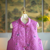 Gilet polyvalent pour femme, style chinois, en brocart de soie de mûrier et coton, coupe ample, col montant, motif papillon rose rouge, personnalisé 5403