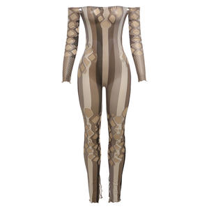 유럽과 미국 가을 여름 새로운 패션 섹시한 뜨거운 소녀 오프 숄더 중공 시스루 하이 웨이스트 타이트 점프 슈트 - Product Image 6