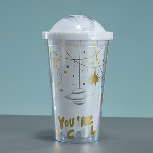 Double Walled Plastic Straw Cup With Planet Pattern Push Top Lid Student Water Bottle Two Piece Set Black And White - Product Image 3