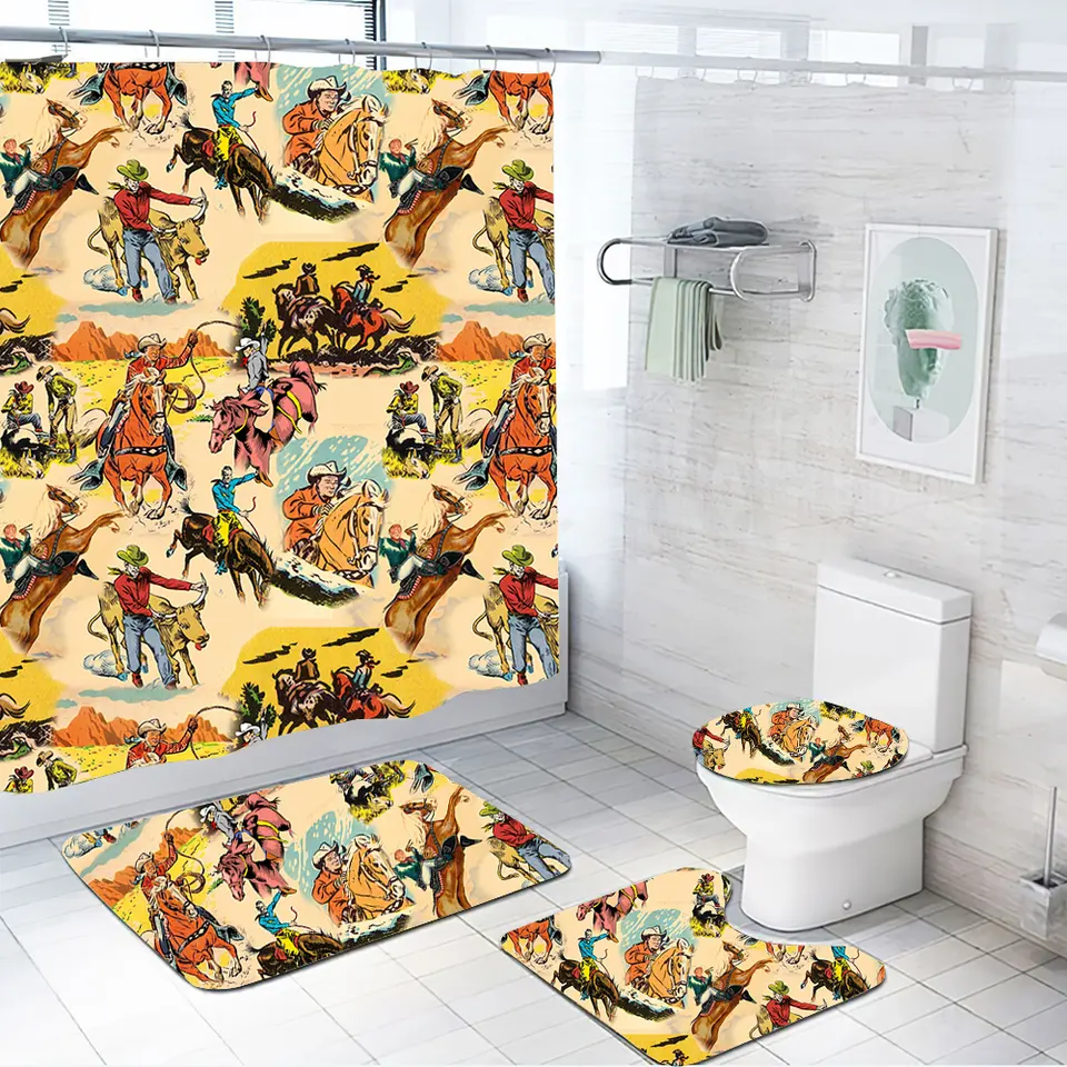 Salle de bain 4 pièces tapis de pied imprimé occidental tapis de couverture de toilette tapis de sol de toilette ensemble de rideaux de douche