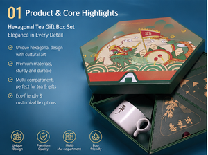 Caja de Regalo de Té Hexagonal Personalizada con Compartimentos Protectores, Caja de Regalo de Té de Cartón Rígido Reutilizable con Diseño Artístico Cultural - Product Image 4