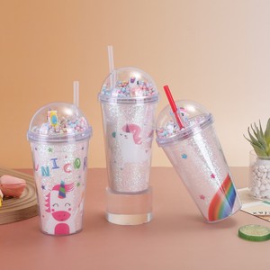 Cute 450ml Winged Unicorn Rainbow Print <b>Plastic</b> Tumbler with <b>Straw</b> and Sparkling Glitterunicorn magic tumbler - Product Image 1