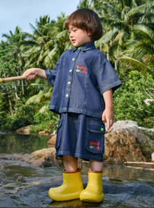 Ensemble de vêtements d'été en denim bleu à col pour bébés garçons, 2 pièces, avec boutons et broderies colorés, anti-boulochage - Product Image 3