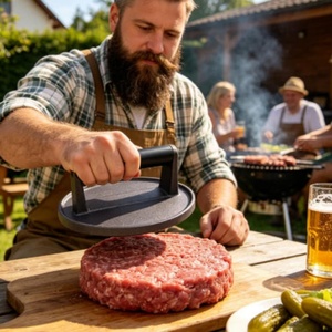 Presse à hamburgers en <span class=keywords><strong>fonte</strong></span> de qualité alimentaire, presse à smash burgers, gravure de texte personnalisée, surface antiadhésive, équipement pour restaurants de restauration rapide - Product Image 1