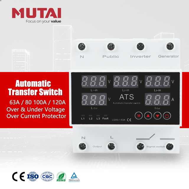 MUTAI 5 Displays Smart ATS 63A 80A 100A 120A Adjustable 4P 4 Pole 3 Phase Automatic Static Transfer Change Over Switch