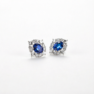 Boucles d'oreilles clous ovales en argent sterling S925 avec saphir, plaquées rhodium, géométriques, en saphir de laboratoire, motif floral pour femme - Product Image 1