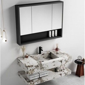 Mueble de Baño de Mármol Blanco CR de 100 cm con Espejo y Lavabo de Cerámica - Product Image 4