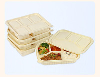 Boîte à lunch bento écologique en bambou, 1300 ml, jetable, compatible micro-ondes, 4 compartiments, haute et profonde, avec couvercle, pour plats à emporter
