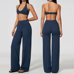 Ensemble décontracté 2 pièces pour femme : Haut court dos nu sans manches et pantalon large taille haute rayé bleu marine en maille respirante pleine longueur - Product Image 1