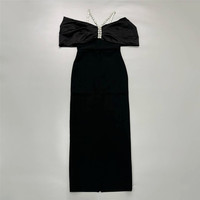 Robe bandage sexy à épaules dénudées avec losanges pour femmes, manches plissées noires, robes moulantes longues en cristal pour fête de célébrités