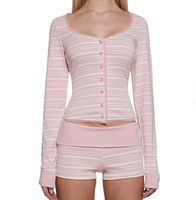Ensemble pyjama rayé rose pour femmes, haut boutonné avec garniture en dentelle et short, vêtements de nuit, tenue deux pièces