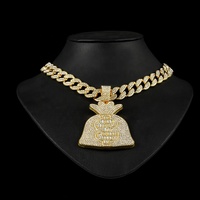 Chaîne cubaine Iced Out avec pendentif grand sac dollar en alliage hip-hop et strass scintillants, collier ras-du-cou
