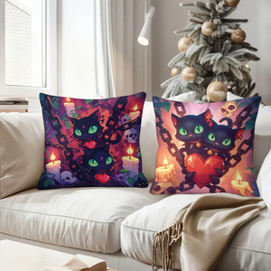 Set bantal motif kucing hitam dengan hati dan rantai yang meriah - Product Image 4