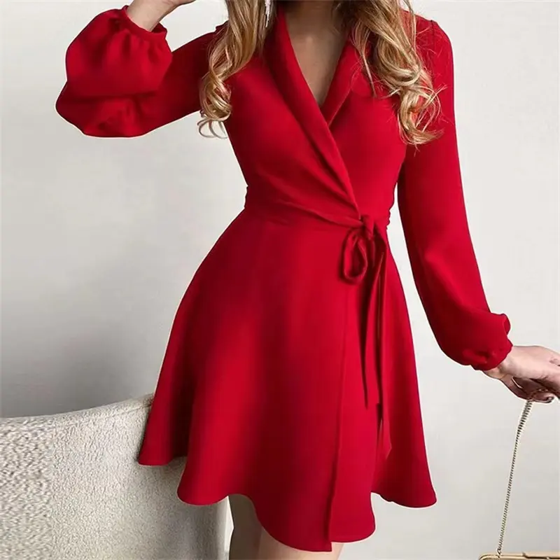 2022 Customized New Style Solid Office Lady Long Sleeve V-Neck Floral Midi Dresses