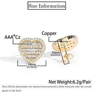 Fashionable Heart Shaped <b>Stud</b> Earring Gold Baguette Cubic Zirconia <b>Men</b> Women Hip hop Jewelry Best Gift - Product Image 3