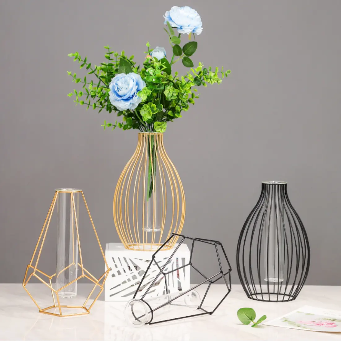 new design creative iron carving hollow design vase with glass tube