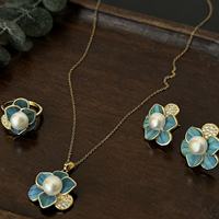 Parure de bijoux de mariée vintage pour femme, motif floral, perles d'eau douce, boucles d'oreilles, collier, bracelet - Bijoux de luxe en alliage de cuivre