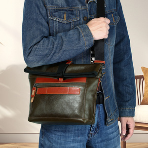 Men's Genuine Leather <b>Shoulder</b> <b>Bag</b> Black Avocado Green Solid Color <b>Large</b> Durable Crossbody <b>Bag</b> For Everyday Use - Product Image 1
