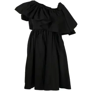 महिलाओं के लिए फ्रिल-ओवरले मिडी ड्रेस असममित गर्दन चौकोर गर्दन लोचदार कमरबंद मध्य लंबाई