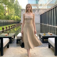 Nouvelle robe élégante de haute qualité, robe longue à couleur unie avec strass, robe plissée décontractée pour femme, robes maxi