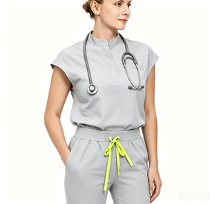 Blouse médicale à col montant, demi-fermeture, manches courtes, multipoches, extensible, uniforme médical OEM, pour infirmières de cliniques esthétiques et dentaires - Product Image 1