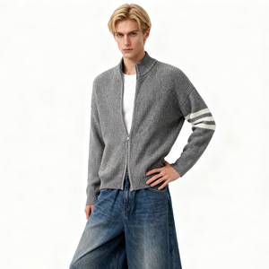 <span class=keywords><strong>Cardigan</strong></span> da <span class=keywords><strong>Uomo</strong></span> in Maglia con Tre Strisce - <span class=keywords><strong>Grigio</strong></span> Mélange con Collo Alto, Maglione Casual per Autunno e Inverno - Product Image 1