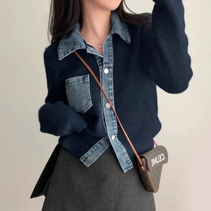Suéter de Punto Casual de Moda para Mujer, Invierno 2025, Nuevo, con Diseño de Empalme de Mezclilla, Manga Larga - Product Image 4