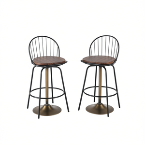 Tabourets de bar Riley Claire, hauteur fixe 26 pouces, pivotants, base en métal noir et bronze, assise en bois de noyer, style farmhouse - Product Image 1