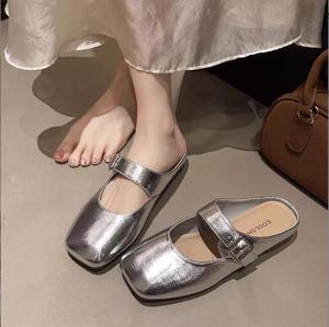 Sandales rétro à boucle en métal Mule à bout carré Mary Jane Sandales plates Demi-pantoufles - Product Image 3