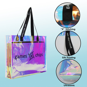 הולוגרפית יופי סיטונאי pvc tote מתנה מותאמת אישית כתף קניות נסיעות חוף תיק עמיד למים עם לוגו מודפס מותאם אישית - Product Image 2