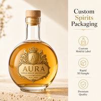 Bouteilles en verre sphériques rondes de 500 ml et 700 ml avec bouchons en liège, personnalisation disponible, emballage pour whisky et spiritueux