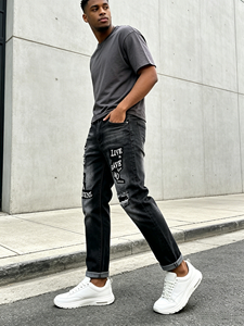 Jeans <span class=keywords><strong>Neri</strong></span> da <span class=keywords><strong>Uomo</strong></span> Effetto Lavato e Strappato, <span class=keywords><strong>Pantaloni</strong></span> in Denim con Patch Lettering Stile Streetwear, <span class=keywords><strong>Pantaloni</strong></span> Casual Hip Hop <span class=keywords><strong>Elasticizzati</strong></span> per Uso Quotidiano - Product Image 5