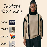 Maglione da Donna a Collo Alto con Motivo Geometrico a Righe Verticali e Blocchi di Colore, Vestibilità Ampia, Pullover Lavorato a Maglia con Strisce a Contrasto