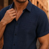 Camisa de Manga Corta para Hombre, Informal, Textura de Lino, con Botones, Azul Marino, Camisa de Verano Transpirable, Tejida