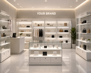 Vitrine de présentation de bijoux blanche écologique avec éclairage LED en métal et verre pour boutique de détail et centre commercial - Product Image 5
