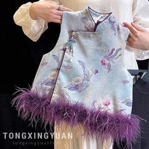 Tongxingyuan Girls Chinese Style Jacquard Tang Suit Vest Thickening Party Wear Traditional Hanfu Cheongsam With Feathers - Product Image 1