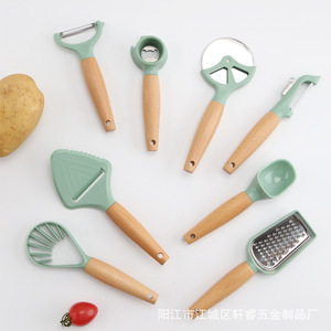 Juego de utensilios de cocina Xuanrui de 8 piezas, de acero inoxidable con mangos de madera de haya, aptos para lavavajillas, para uso doméstico. - Product Image 1