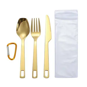 New design 3-pieces Outdoor Stainless Steel Camping Knife Fork Spoon Picnic Cutlery Portable gold flatware set